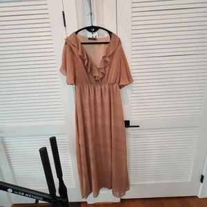 Boohoo dusty rose frill polka dot maxi dress